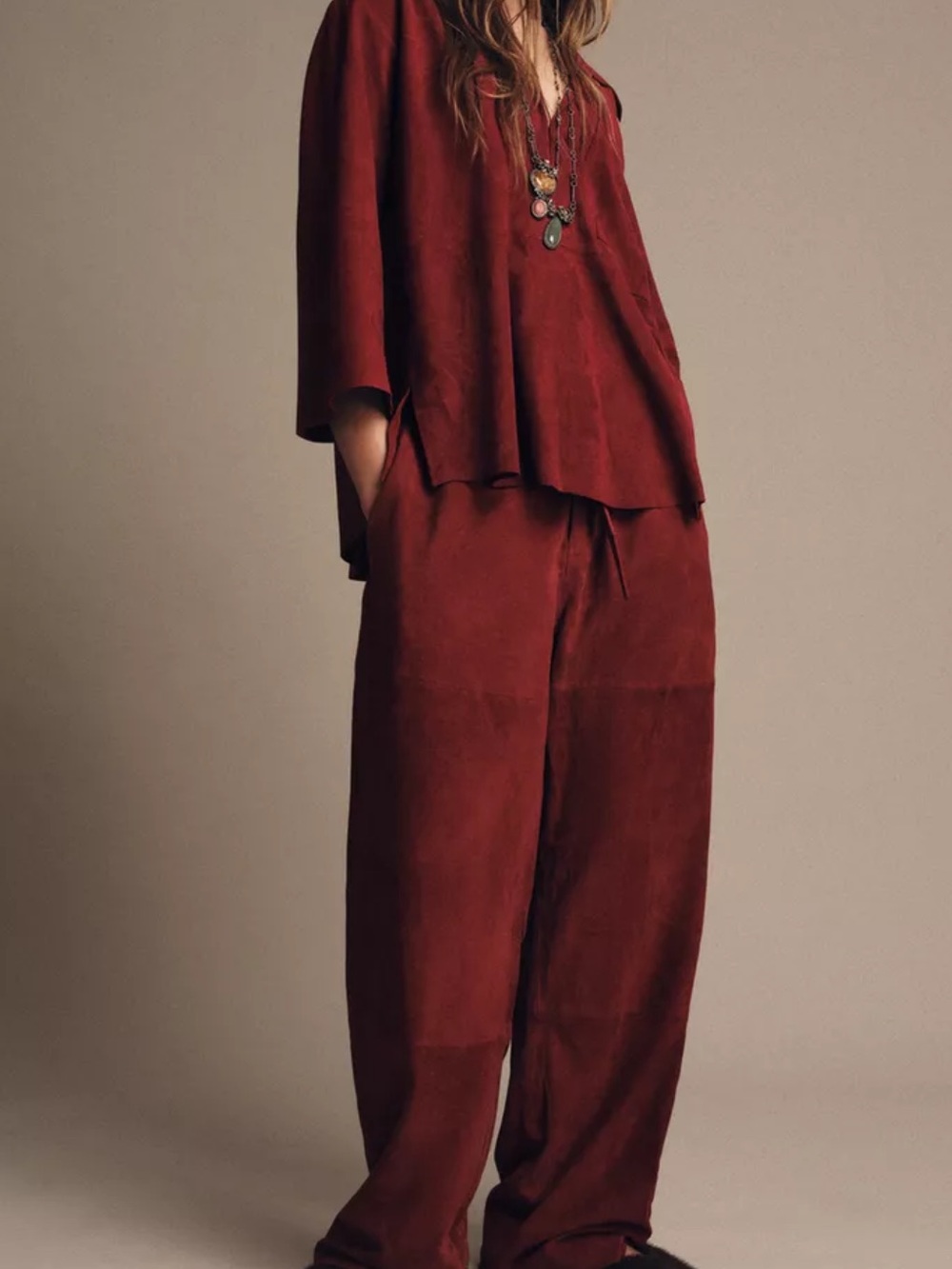 Zara Limited Edition 100% Leather Suede Burgundy Pants NWT M US 8 Luxury Trouser